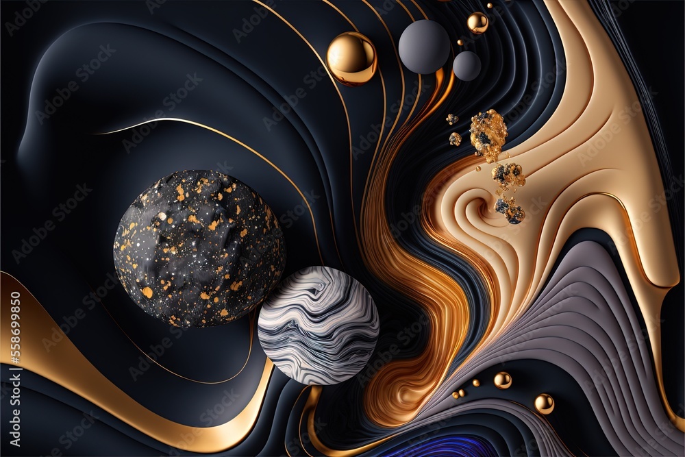 Poster a black and gold abstract background with a ball and a swirly pattern on it's surface and a gold and