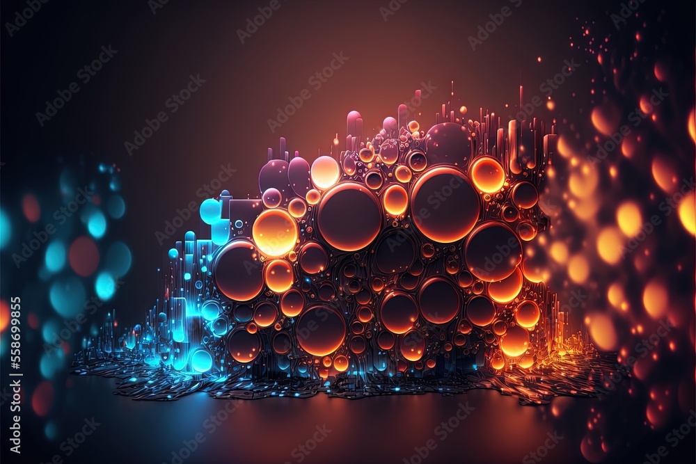 Poster a very colorful abstract background with bubbles and circles on it's surface, with a black backgroun