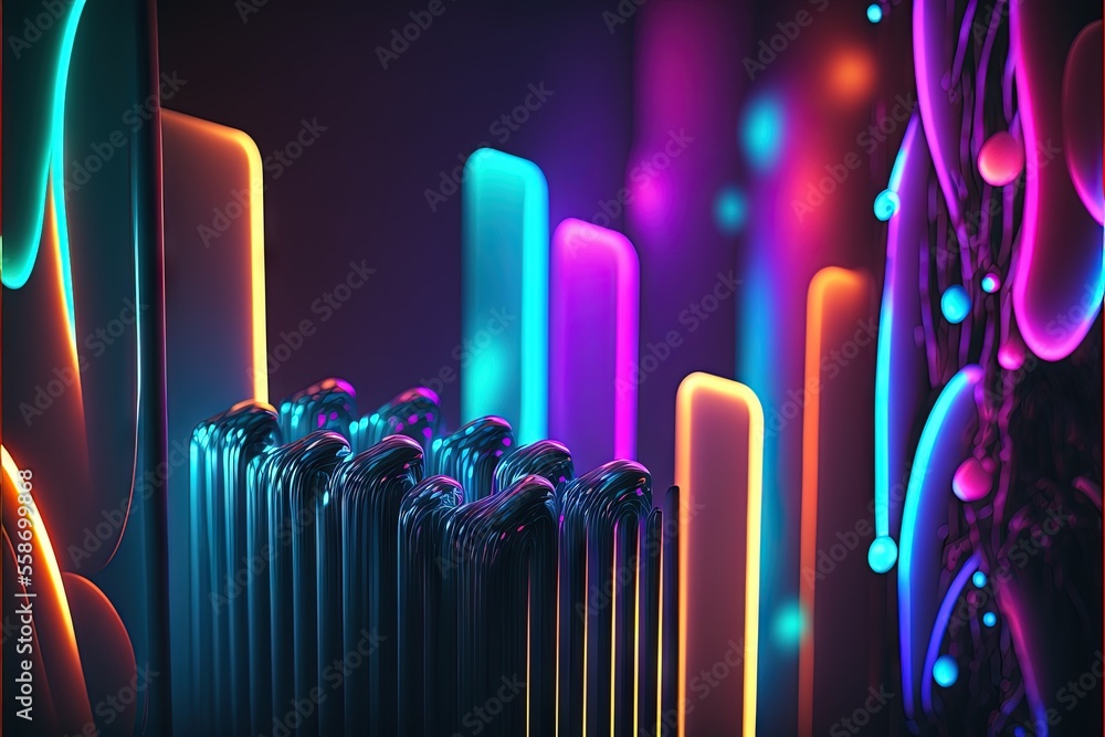 Aufkleber a row of radiators with neon lights in the background and a wall of neon lights behind them in the b