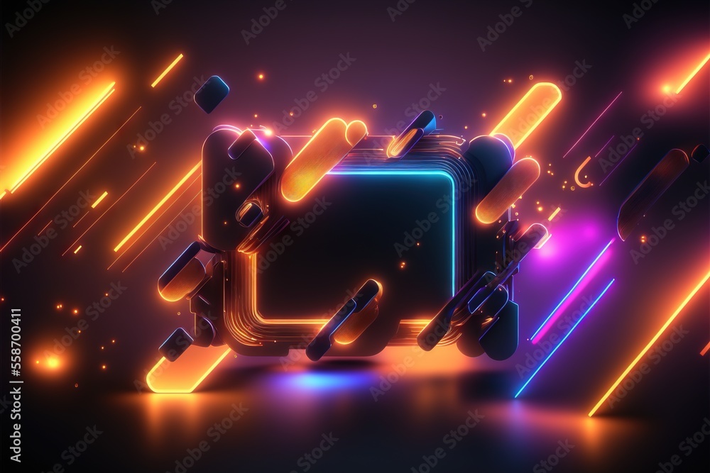 Poster a suitcase with a neon background and a neon glow on it's side, with a black background and a purple