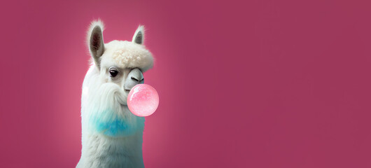 Obraz premium Cute alpaca with bubble gum, panoramic layout. Generative Ai