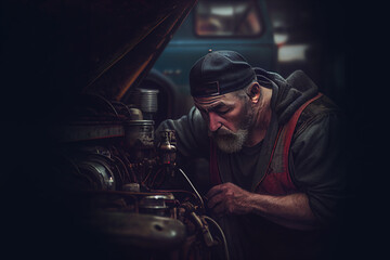 Auto mechanic working on car engine in mechanics garage. Generative Ai