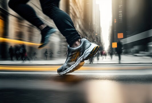 close up motion speed of running feet wearing sneaker on urban city street with high rise building background