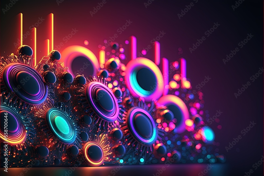 Poster a colorful abstract background with circles and lines on it, and a black background with a red borde