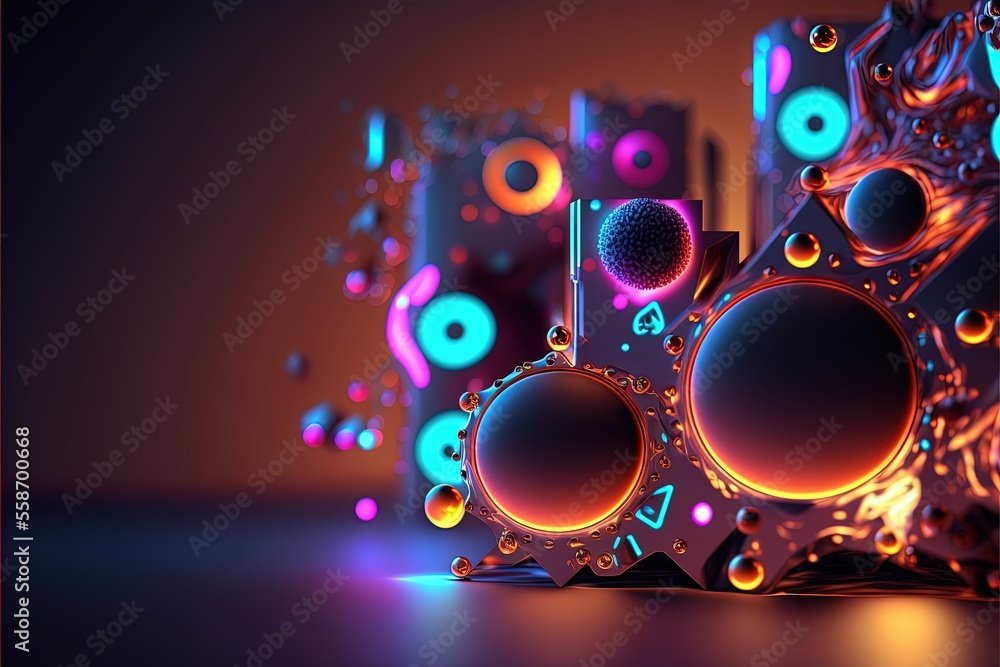 Poster a group of speakers sitting on top of a table next to each other on a table top with a neon backgrou