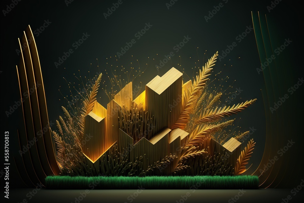 Poster a digital painting of a golden building surrounded by plants and grass with a dark background and a 