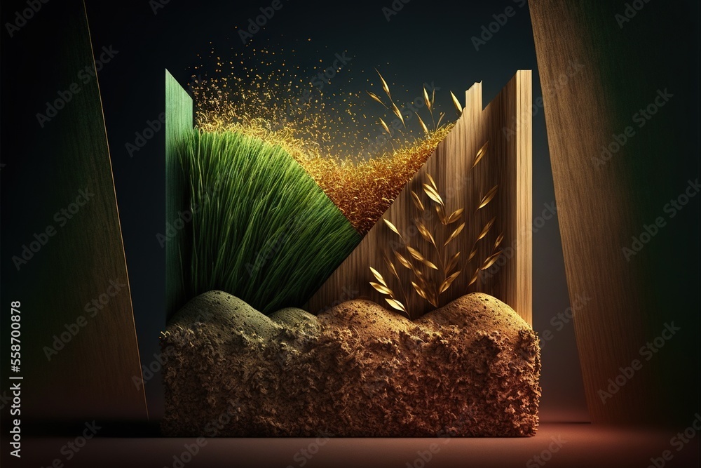 Poster a wooden structure with grass growing out of it and a door opening to another building with a door o