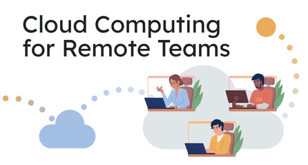 Cloud computing for remote teams flat vector banner template. Manage distance employees. IoT poster, leaflet printable color designs. Editable flyer page with text space. Lexend Deca Regular font used