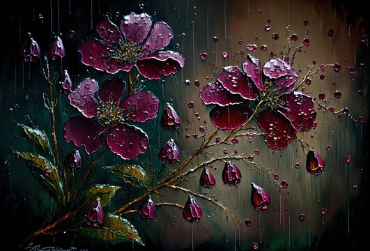 Oil Painting Style Illustration Of Red Burgundy Flower Blossom Background 