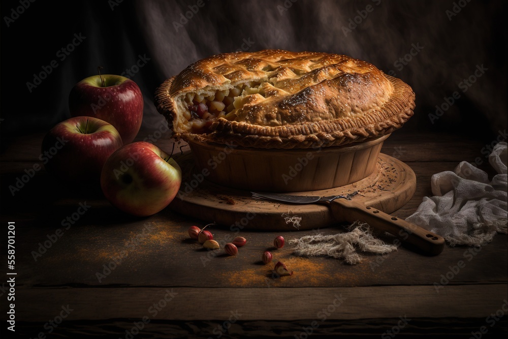 Aufkleber a pie and apples on a table with a knife and napkins on it and a cloth on the table behind it and a 