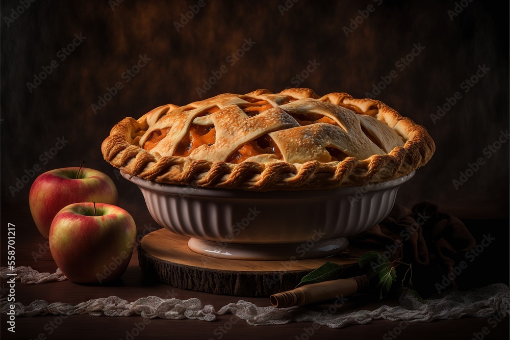 Poster a pie and two apples on a table with a cloth and a knife on the tablecloth next to it, on a wooden b