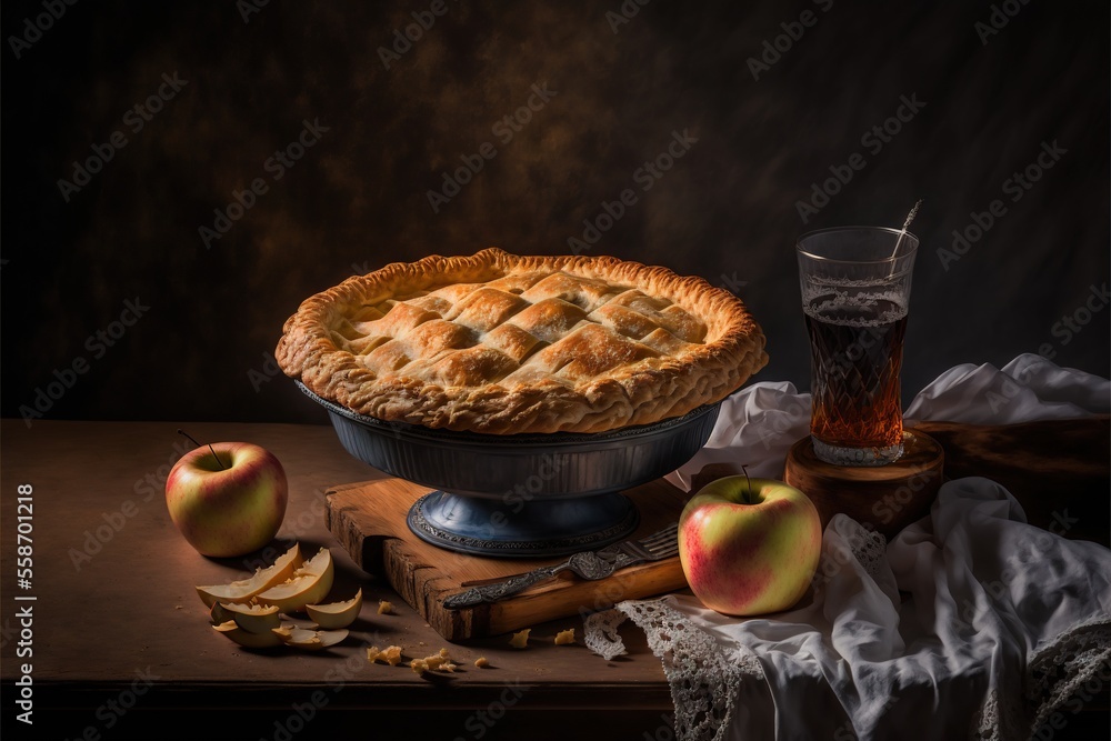 Poster a pie and some apples on a table with a glass of beer and a cloth on the tablecloth and a cloth on t