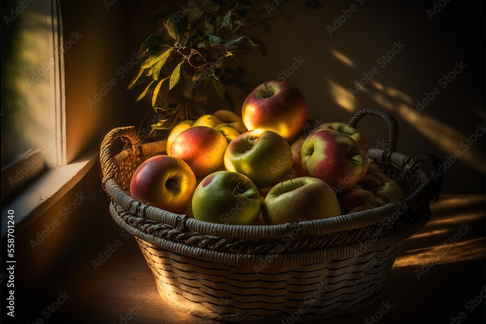 Poster a basket of apples sitting on a table next to a window sill with a potted plant in the background an