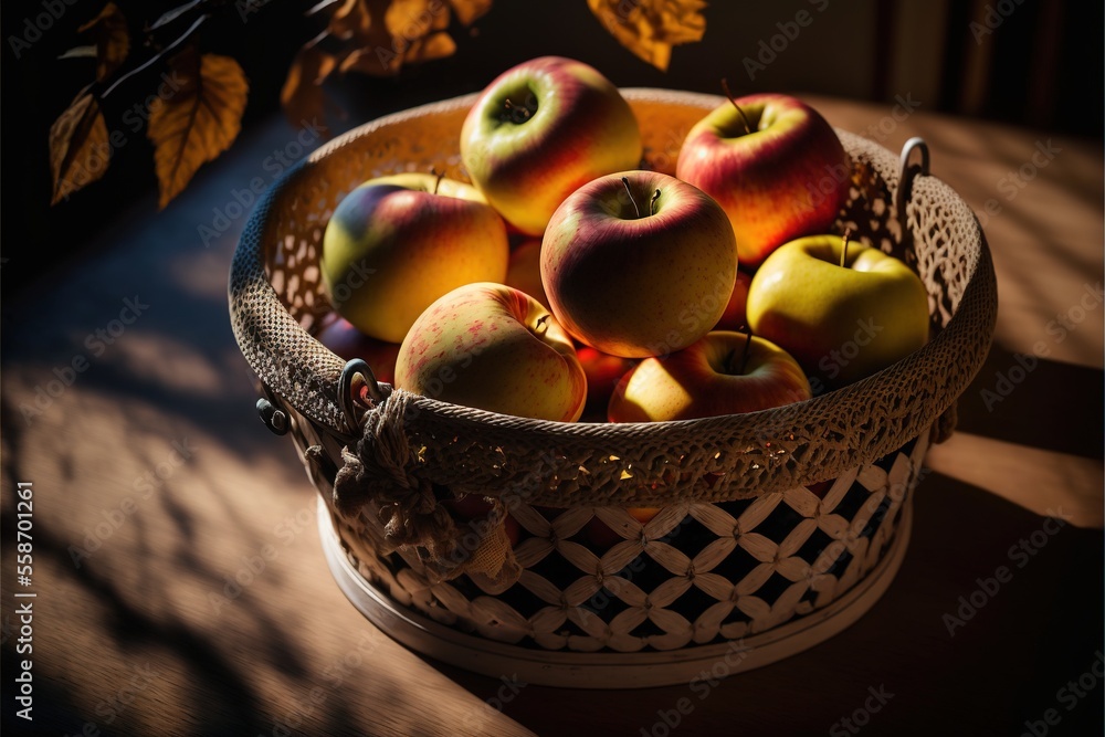 Aufkleber a basket of apples sitting on a table in the sun with leaves in the background and a vase with flowe