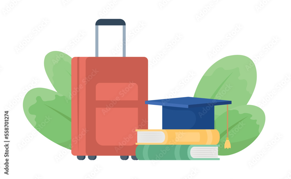 Aufkleber travel to study semi flat color vector objects. editable element. item on white. foreign graduation.