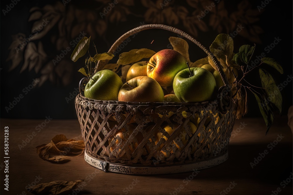 Poster a basket of apples sitting on a table next to a leafy planter and a leafy wallpapered background wit
