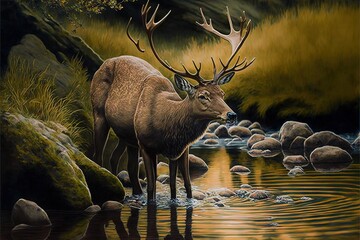 Obraz na płótnie Canvas a painting of a deer standing in a stream of water with rocks in the foreground and a forest in the background with trees and grass on the other side of the water is a.