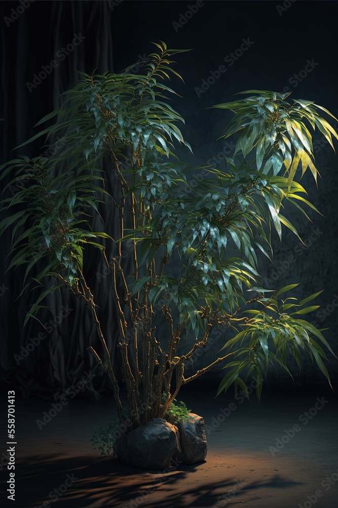Aufkleber a plant with green leaves in a dark room with a rock and a planter on the floor in front of it with 