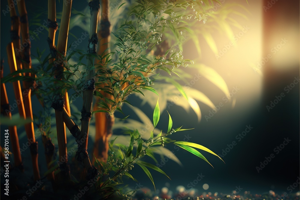 Poster a bamboo tree in a dark room with sunlight coming through the window and a small window behind it wi