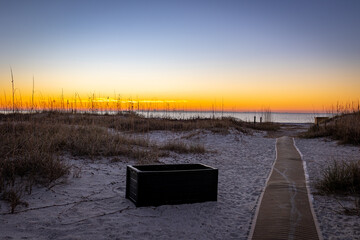 Carpeted path towards the beach on Hilton Head Island shoreline during sunrise. A box for...