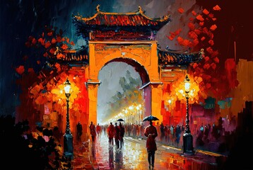 oil painting style illustration of beautiful town gate with people walk passing by 