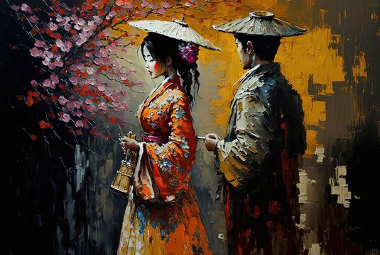 oil painting style illustration of couple romantic moment during spring time when cherry flowers blossoming