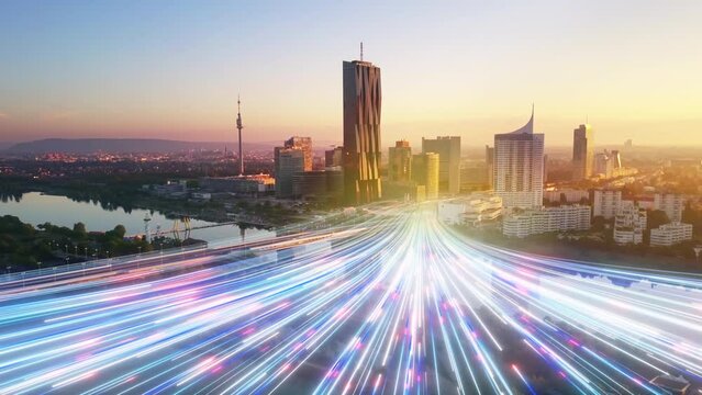 modern city development rays beams of light running over cityscape aerial view,fast internet high speed optical fiber connection,global communication

