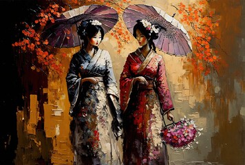 Fototapeta premium oil painting style illustration of a beautiful women wearing traditional Asian clothes and hold paper umbrella walking on street 