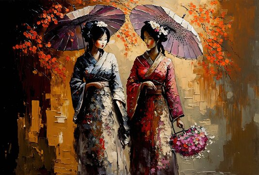 oil painting style illustration of a beautiful women wearing traditional Asian clothes and  hold paper umbrella walking on street 