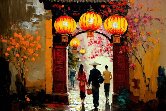 oil painting style illustration of lantern hanging on wall  background and people walking on town street  , idea for Chinese new year and Asian lantern festival theme