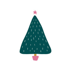 Hand drawn Christmas tree with star. Modern boho whimsical doodle illustration. 