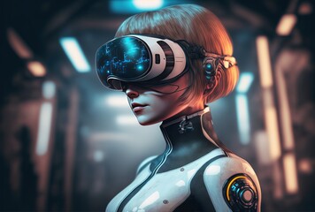illustration of a beautiful women wearing Virtual Reality Headset , robot or cyborg theme with industrial factory background