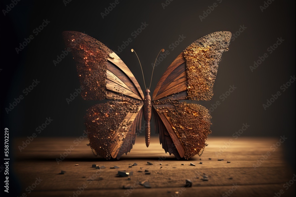 Poster a butterfly with gold glitters on its wings sitting on a table with a dark background and a few scat
