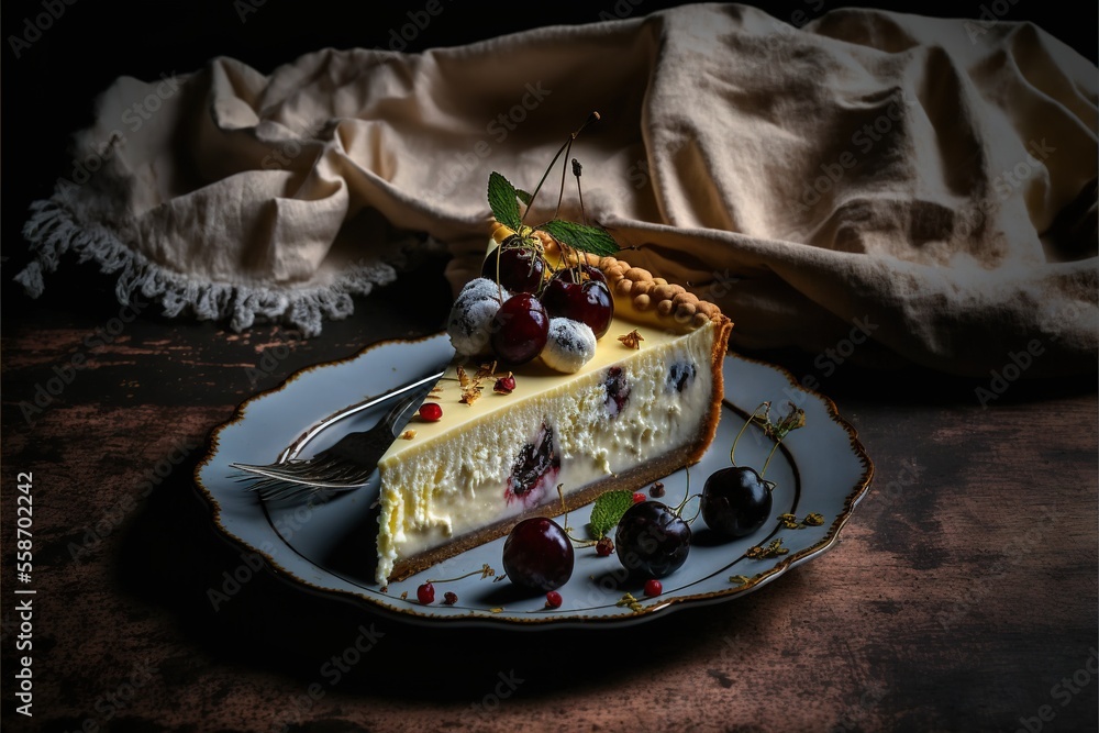 Poster a slice of cheesecake with cherries on a plate with a fork and a cloth draped in the background with