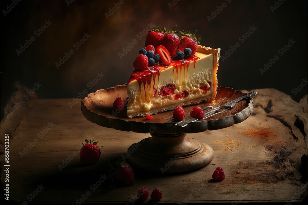 Poster a cake with berries on top of it on a plate with a knife and fork on a table with a dark background 