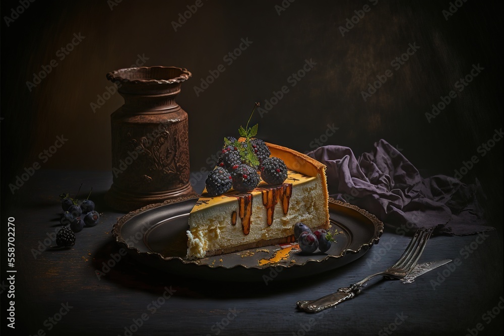 Aufkleber a piece of cake on a plate with a fork and a knife on a table with a cloth and a vase behind it and 