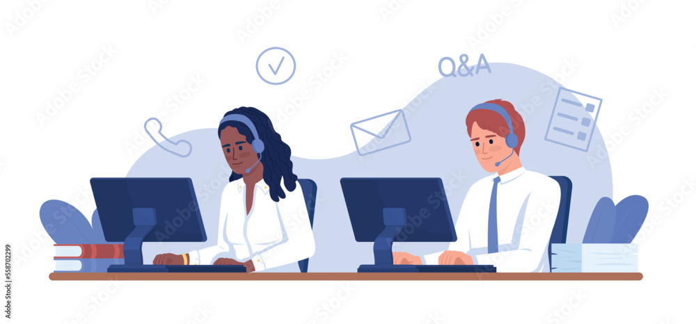 Poster emergency response 2d vector isolated illustration. call center operators flat characters on cartoon
