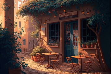 a painting of a cafe with tables and chairs on a cobblestone street in front of a building with a tree and potted plants on the outside of the front of the building.