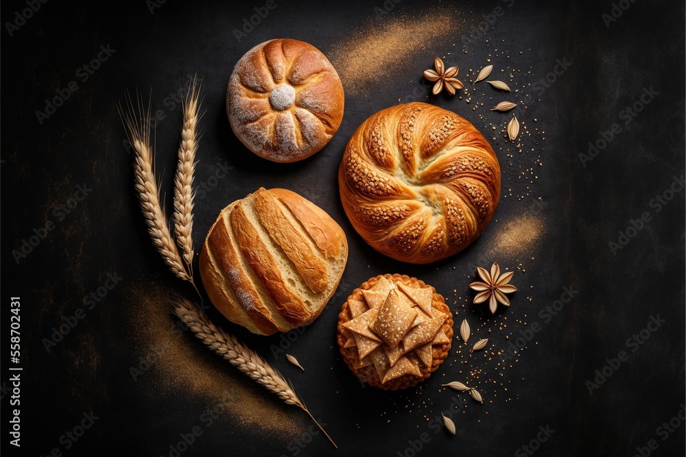 Poster a group of breads and a wheat on a table with a star of david on top of it and a star of david on th