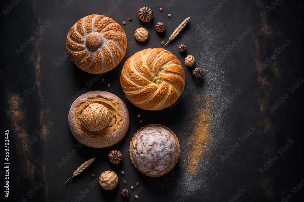 Poster a group of breads and nuts on a table with a black background and a gold border around them, with a 