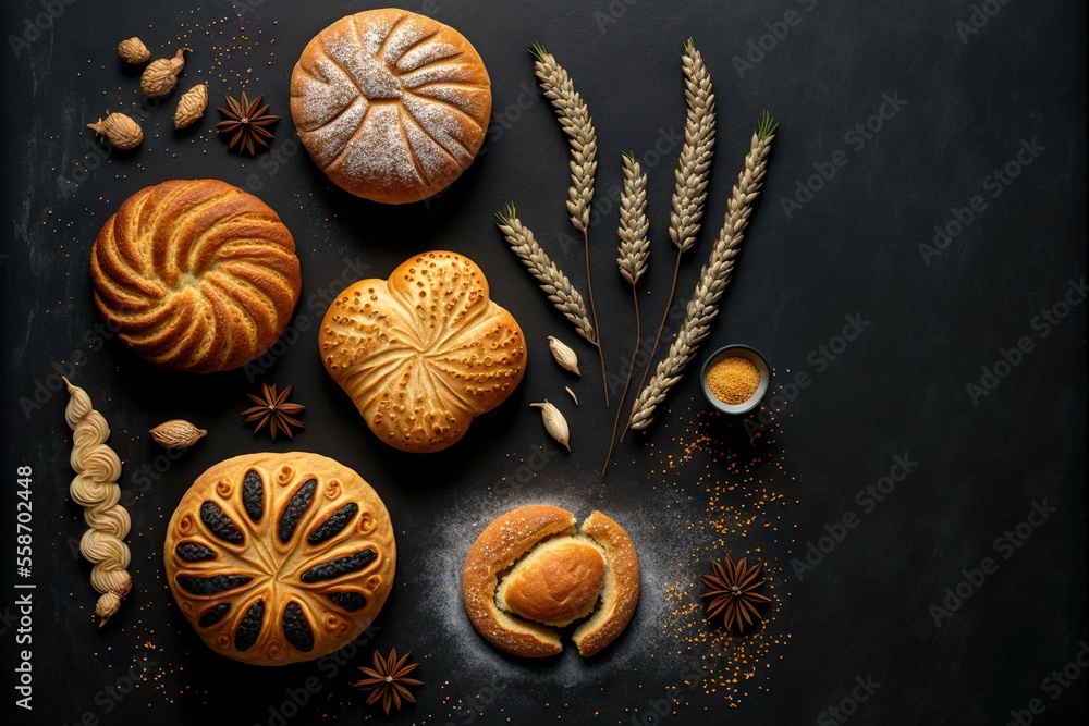 Poster a table topped with pastries and a cup of coffee next to it on top of a table covered in grains and 