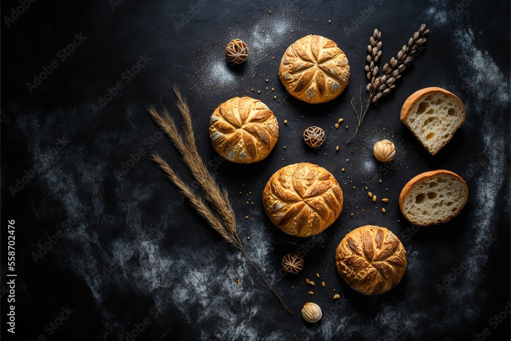Poster a table topped with bread and other food items on top of a table next to a plant and a piece of brea