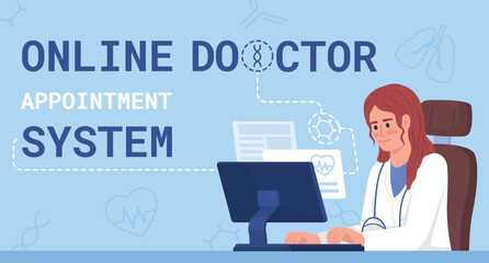 Online doctor appointment system flat vector banner template. Telehealth services. IoT poster, leaflet printable color designs. Editable flyer page with text space. Roboto Mono font used