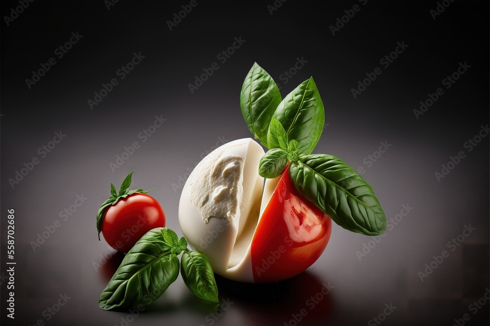 Poster a tomato and a mozzarella with basil leaves on a black background with a shadow of the mozzarella an