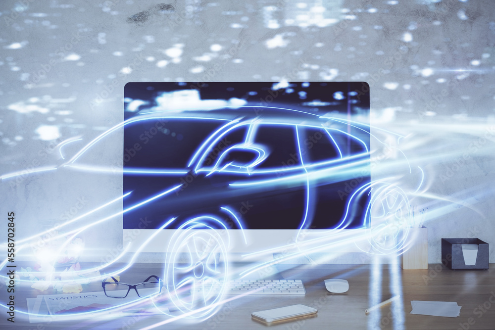Aufkleber Desktop computer background in office with automobile hologram drawing. Multi exposure. Tech concept.