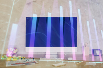 Forex graph hologram on table with computer background. Double exposure. Concept of financial markets.