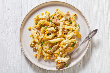 portion of Tuna Mornay on plate, top view