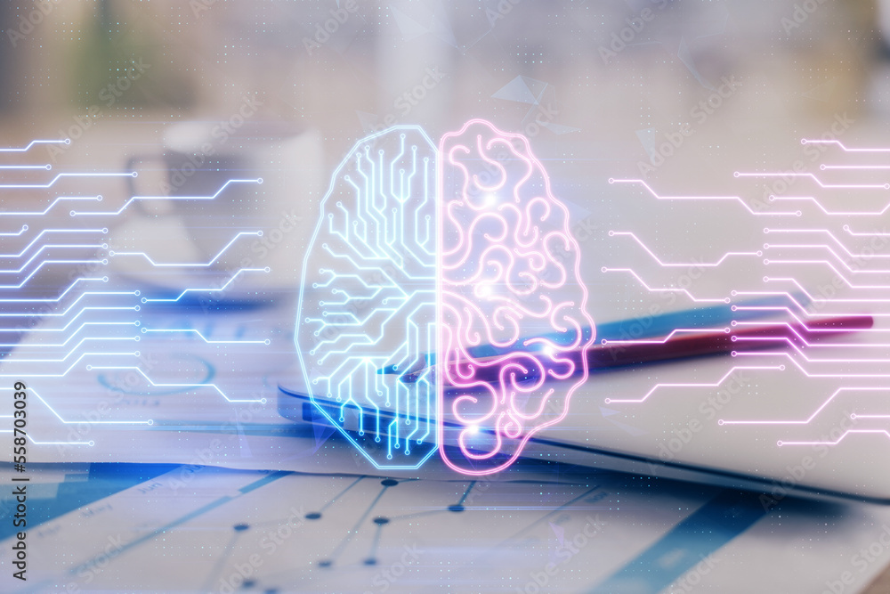 Poster Double exposure of desktop with computer and brain drawing hologram. Artificial intelligence concept.