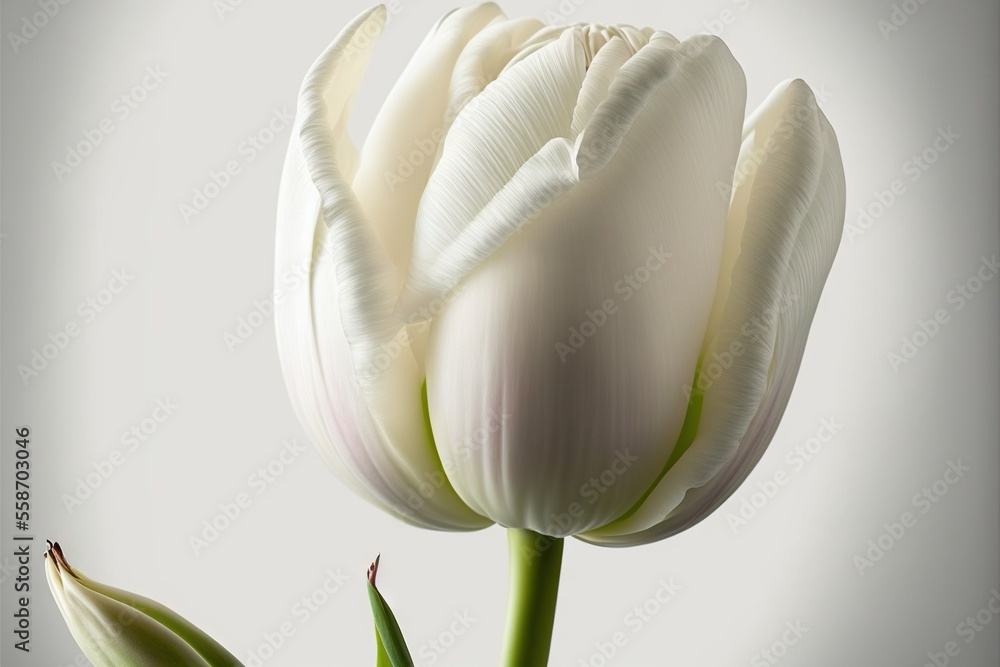 Poster a white flower with a green stem in a vase with water in it and a white background behind it with a 