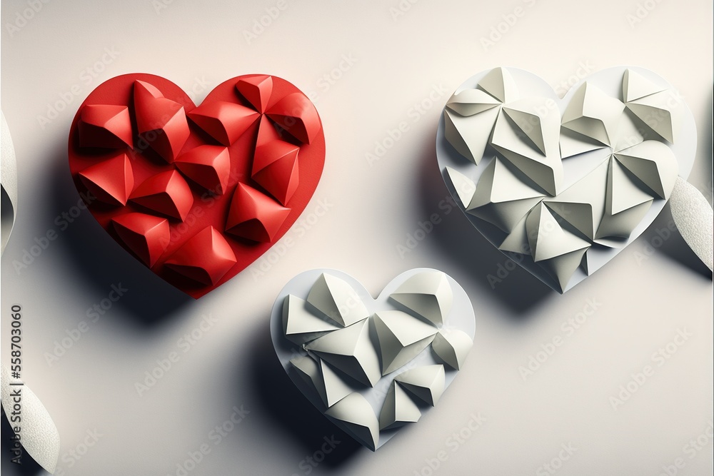 Poster three heart shaped objects are arranged on a table top, one of which is folded in a bow and the othe